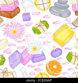 Vector seamless pattern with accessories for spa and aromatherapy, various soap handmade. Illustration isolated on white background Stock Vector