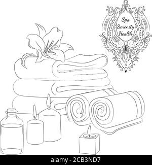 Vector illustration with bath towels and spa accessories. Line art isolated on white background. Design for a spa, massage and beauty salon, organic health care products Stock Vector