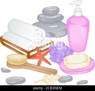 Accessories for spa and baths, sauna. Towels, soap, liquid soap, loofah, brush. Vector illustration isolated on white background Stock Vector