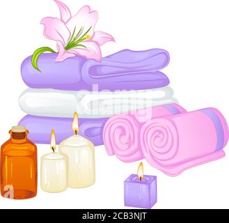 Accessories for spa and baths, sauna. Towels, candles, aroma oil. Vector illustration isolated on white background Stock Vector