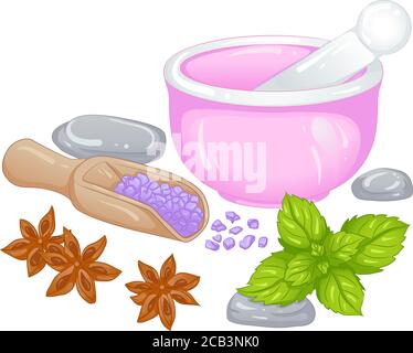 Accessories for spa and aromatherapy. Mortar and aromatic salt. Vector illustration isolated on white background Stock Vector