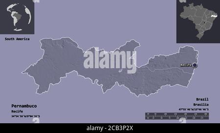 Shape of Pernambuco, state of Brazil, and its capital. Distance scale, previews and labels. Colored elevation map. 3D rendering Stock Photo