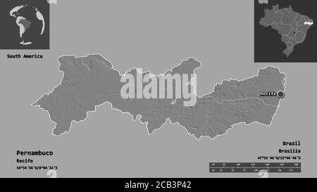 Shape of Pernambuco, state of Brazil, and its capital. Distance scale, previews and labels. Bilevel elevation map. 3D rendering Stock Photo