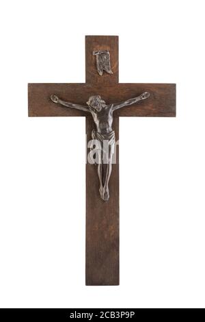 Old crucifix isolated on white background with clipping path Stock Photo