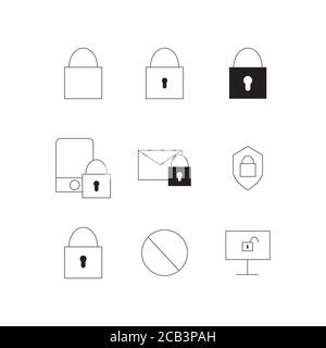 Protection and security icons set. Access lock unlock web symbols vector illustrations Stock Vector