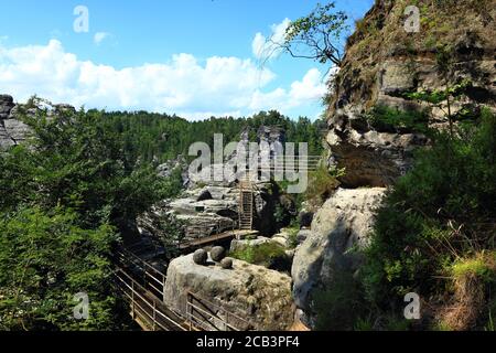 Path at the tops of the mountains in Rathen, Saxon Switzerland, Germany Stock Photo