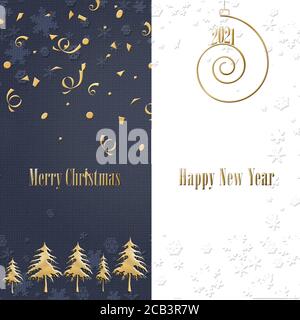 Elegant stylish Christmas card on blue white background with tree, gold text Merry Christmas Happy New Year, hanging spiral 2021 digits. Greeting cards, banner, marketing, copy space. 3D illustration Stock Photo