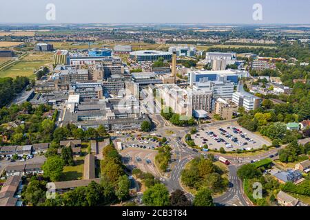 Stock Picture dated August 10th shows an  aerial view of  The Cambridge Biomedical Campus which includes Addenbrooke’s Hospital in Cambridgeshire.  The Cambridge Biomedical Campus is the largest centre of medical research and health science in Europe. The site is located at the southern end of Hills Road in Cambridge, England. Stock Photo