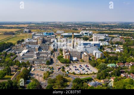 Stock Picture dated August 10th shows an  aerial view of  The Cambridge Biomedical Campus which includes Addenbrooke’s Hospital in Cambridgeshire.  The Cambridge Biomedical Campus is the largest centre of medical research and health science in Europe. The site is located at the southern end of Hills Road in Cambridge, England. Stock Photo