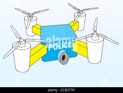 Police drone. Law enforcement drones, police drone use. Drone quadrocopter, image of a flying drone. Vector illustration. Stock Vector