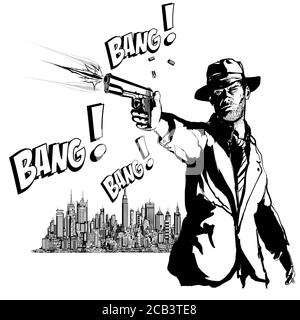 Gangster with a gun in New York city - vector illustration (Ideal for printing on fabric or paper, poster or wallpaper, house decoration) Stock Vector
