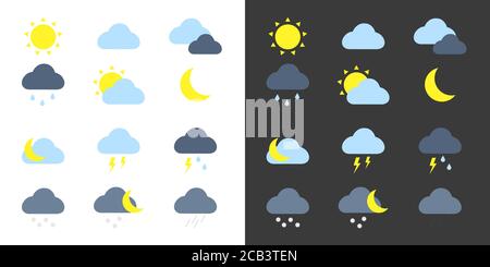 Weather icons set. Colored vector weather app icons on black and white background Stock Vector