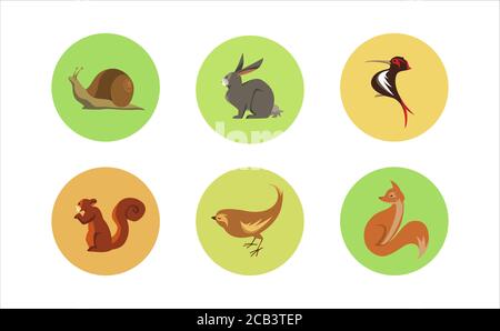 Set of six colorful circle icons of cute forest animals on white background Stock Vector