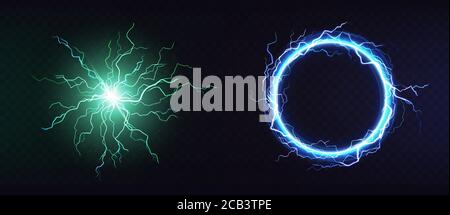 Electric ball, round lightning frame, blue thunderbolt circle border, magic portal, energy strike. Green plasma sphere, powerful electrical isolated discharge dazzle, Realistic 3d vector illustration Stock Vector