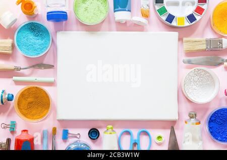 Painting equipment on pink background Stock Photo