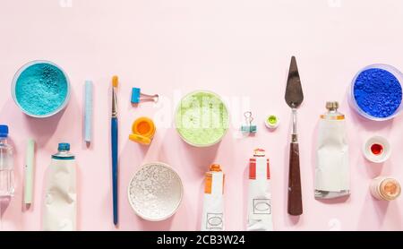 Painting equipment on pink background Stock Photo
