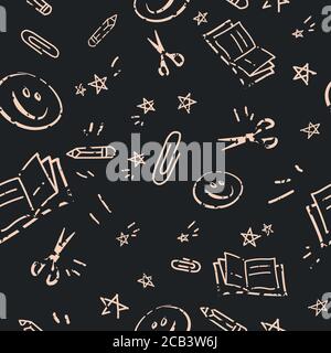 Back to school chalk doodles hand drawn on a blackboard vector seamless pattern. Stock Vector