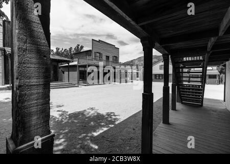 Black and white view of historic movie set buildings owned by US National Park Service at Paramount Ranch in the Santa Monica Mountains National Recre Stock Photo