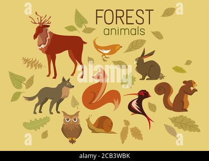 Set of cute stylized forest animals and autumn leaves, isolated on solid background Stock Vector