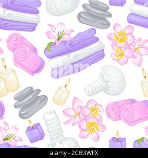 Vector seamless pattern with accessories for spa, bath and aromatherapy, various towels. Illustration isolated on white background Stock Vector
