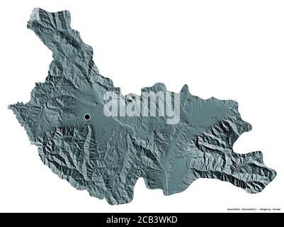 Shape of Kyustendil, province of Bulgaria, with its capital isolated on white background. Colored elevation map. 3D rendering Stock Photo