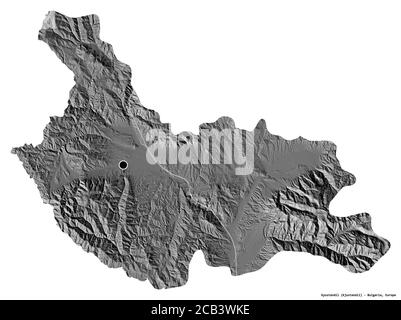 Shape of Kyustendil, province of Bulgaria, with its capital isolated on white background. Bilevel elevation map. 3D rendering Stock Photo