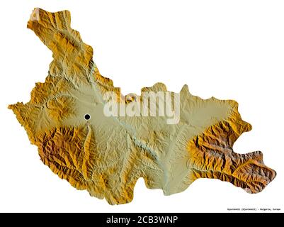 Shape of Kyustendil, province of Bulgaria, with its capital isolated on white background. Topographic relief map. 3D rendering Stock Photo