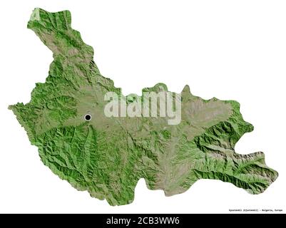 Shape of Kyustendil, province of Bulgaria, with its capital isolated on white background. Satellite imagery. 3D rendering Stock Photo