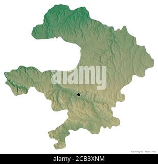 Shape of Razgrad, province of Bulgaria, with its capital isolated on white background. Topographic relief map. 3D rendering Stock Photo