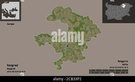 Shape of Razgrad, province of Bulgaria, and its capital. Distance scale, previews and labels. Satellite imagery. 3D rendering Stock Photo