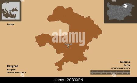 Shape of Razgrad, province of Bulgaria, and its capital. Distance scale, previews and labels. Composition of patterned textures. 3D rendering Stock Photo