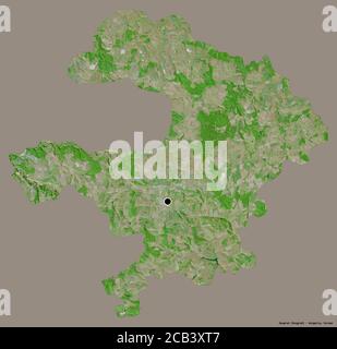 Shape of Razgrad, province of Bulgaria, with its capital isolated on a solid color background. Satellite imagery. 3D rendering Stock Photo