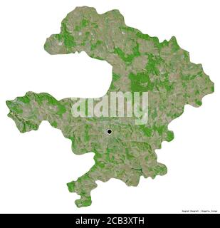 Shape of Razgrad, province of Bulgaria, with its capital isolated on white background. Satellite imagery. 3D rendering Stock Photo