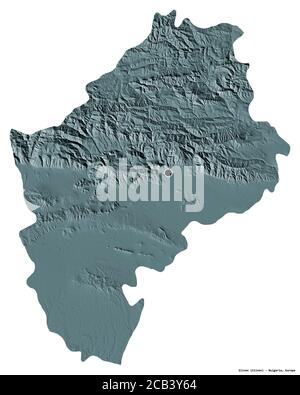 Shape of Sliven, province of Bulgaria, with its capital isolated on white background. Colored elevation map. 3D rendering Stock Photo