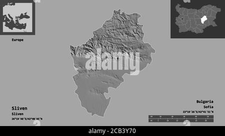 Shape of Sliven, province of Bulgaria, and its capital. Distance scale, previews and labels. Bilevel elevation map. 3D rendering Stock Photo