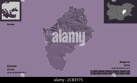 Shape of Sliven, province of Bulgaria, and its capital. Distance scale, previews and labels. Colored elevation map. 3D rendering Stock Photo