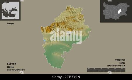 Shape of Sliven, province of Bulgaria, and its capital. Distance scale, previews and labels. Topographic relief map. 3D rendering Stock Photo