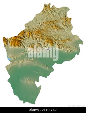 Shape of Sliven, province of Bulgaria, with its capital isolated on white background. Topographic relief map. 3D rendering Stock Photo