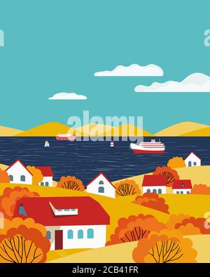 Autumn village river landscape flat color vector Stock Vector