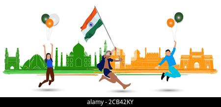 Vector Illustration for 15th August Independence day of India. Rejoicing boy jumping with Indian flag in hand. Stock Vector