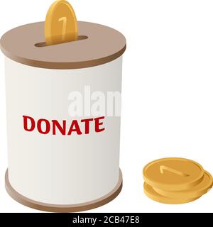 Round donation money box vector illustration. Side view cylinder money box for charity with coin slot and falling golden coins. Simple barrel box with Stock Vector