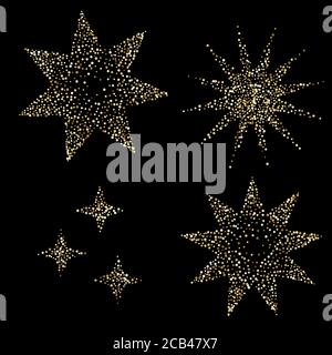Luxury golden stars on black, gold glittering confetti particles on dark background. Scattered golden dots. Vector illustration. Premium floral icon. Stock Vector