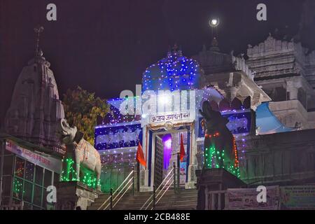 Udaipur, India - May 24, 2013: Night view of decorated Jagdish hindu temple built in 1651 Stock Photo