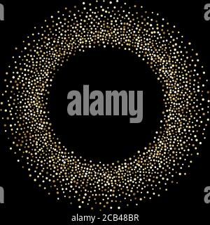 Luxury golden round frame on black, gold glittering confetti particles on dark background. Scattered golden dots. Vector illustration. Stock Vector