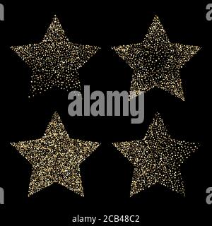 Luxury golden stars on black, gold glittering confetti particles on dark background. Scattered golden dots. Vector illustration. Premium floral icon. Stock Vector