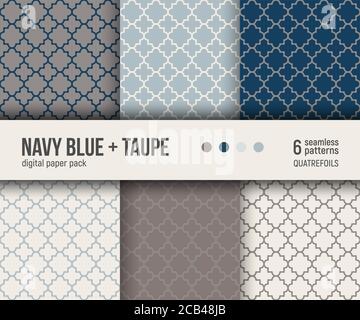 Digital paper pack, set of 6 abstract seamless patterns. Abstract geometric backgrounds. Vector illustration. Traditional quatrefoil pattern. Stock Vector