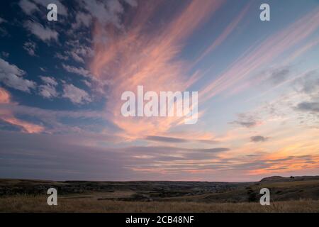 Sunset over the prairie, Writing on Stone Provincial Park, Alberta, Canada Stock Photo