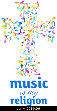 Colorful Music Event Fest notes background. Random colored music festival poster design template. Multicolor musical notes on white background. Vector Stock Vector