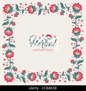 Floral square frame, Jacobean style flowers. Colorful herbal wreath. Vector illustration. Stock Vector
