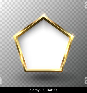 Abstract shiny golden pentagon frame with white empty space for text, on transparent background, vector illustration. Stock Vector